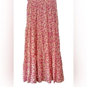 Moon River Pink & Green on Cream Background Tiered Maxi Skirt